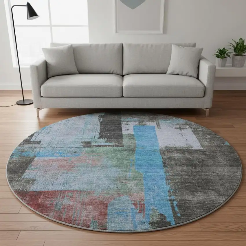 8' Sky Blue Gray And Silver Abstract Washable Round Rug With UV Protection Photo 2