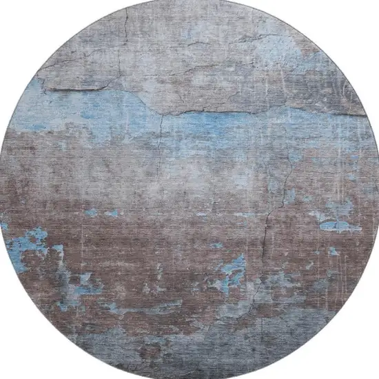 8' Sky Blue Gray And Silver Abstract Washable Round Rug With UV Protection Photo 3