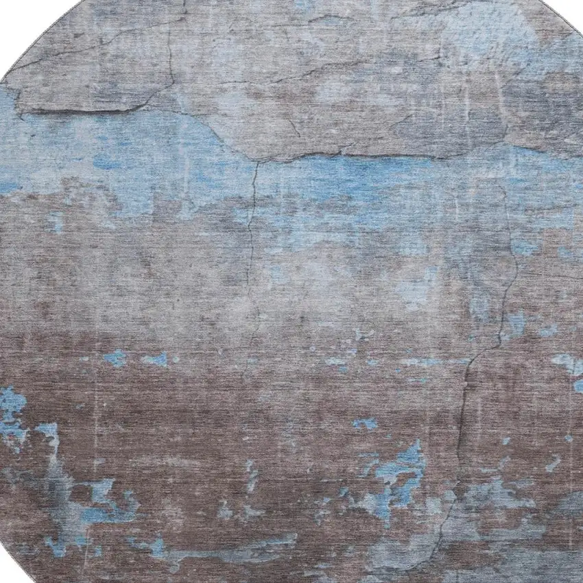 8' Sky Blue Gray And Silver Abstract Washable Round Rug With UV Protection Photo 2
