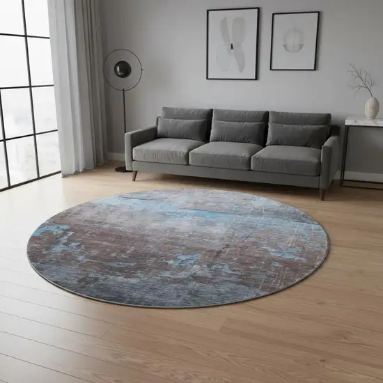 8' Sky Blue Gray And Silver Abstract Washable Round Rug With UV Protection Photo 2