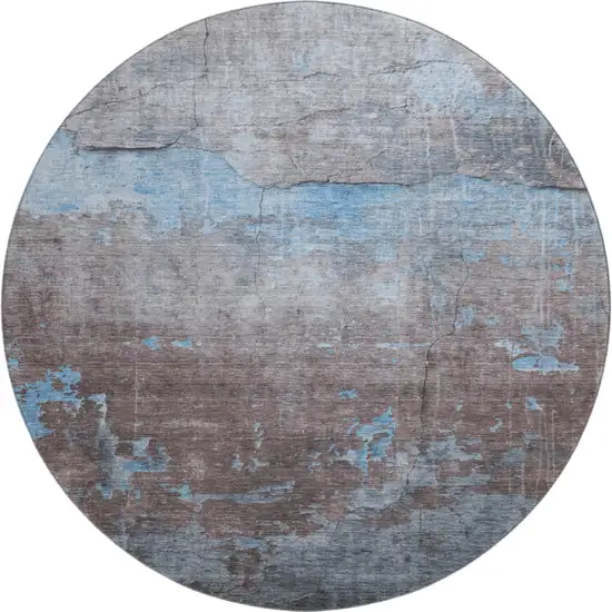 8' Sky Blue Gray And Silver Abstract Washable Round Rug With UV Protection Photo 1