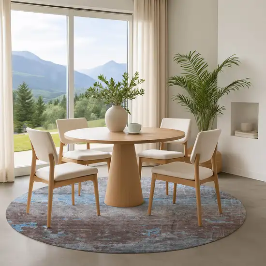 8' Sky Blue Gray And Silver Abstract Washable Round Rug With UV Protection Photo 4