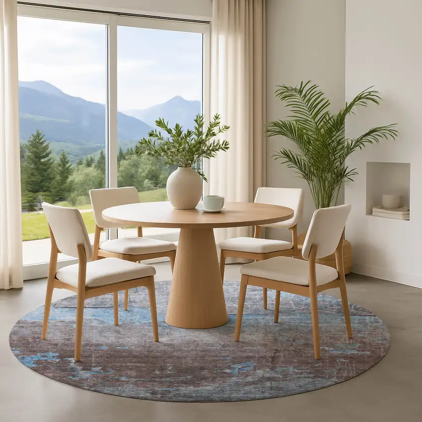 8' Sky Blue Gray And Silver Abstract Washable Round Rug With UV Protection Photo 4