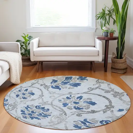 8' Sky Blue Gray And Silver Floral Washable Round Rug With UV Protection Photo 5