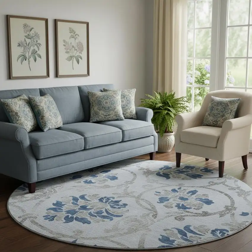 8' Sky Blue Gray And Silver Floral Washable Round Rug With UV Protection Photo 1