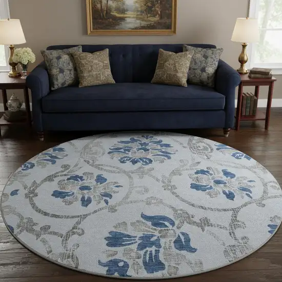 8' Sky Blue Gray And Silver Floral Washable Round Rug With UV Protection Photo 2