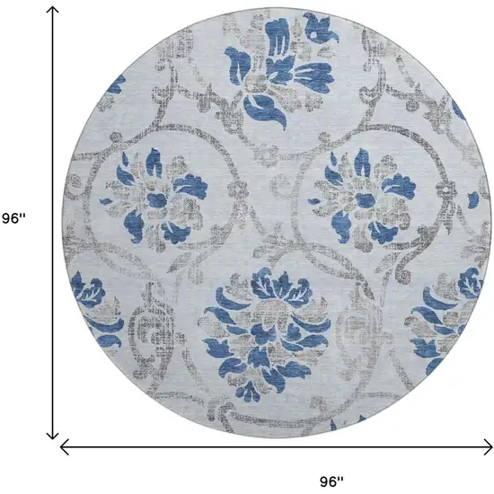 8' Sky Blue Gray And Silver Floral Washable Round Rug With UV Protection Photo 3