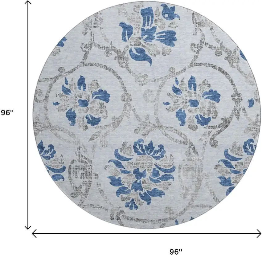 8' Sky Blue Gray And Silver Floral Washable Round Rug With UV Protection Photo 3