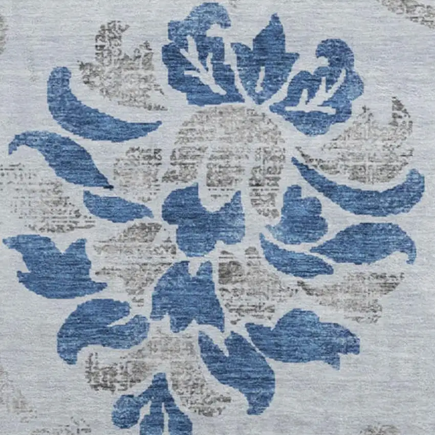 8' Sky Blue Gray And Silver Floral Washable Round Rug With UV Protection Photo 4