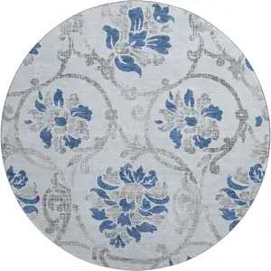 Photo of 8' Sky Blue Gray And Silver Floral Washable Round Rug With UV Protection