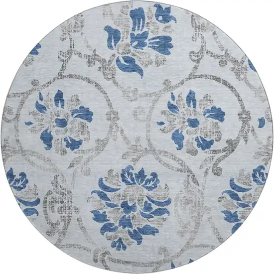 8' Sky Blue Gray And Silver Floral Washable Round Rug With UV Protection Photo 1