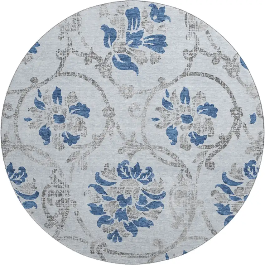 8' Sky Blue Gray And Silver Floral Washable Round Rug With UV Protection Photo 1