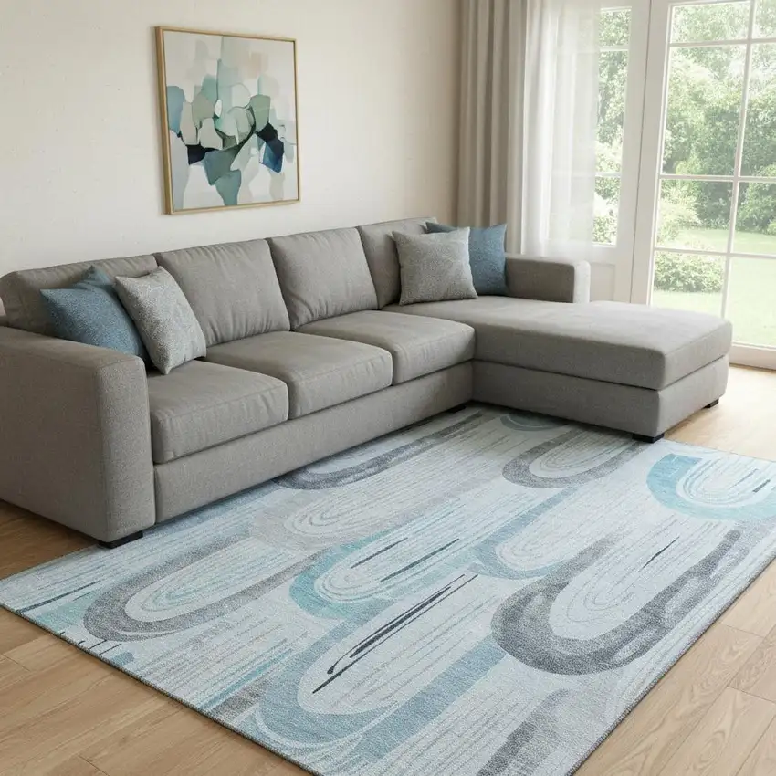 8' Sky Blue Gray And Silver Geometric Washable Area Rug With UV Protection Photo 2