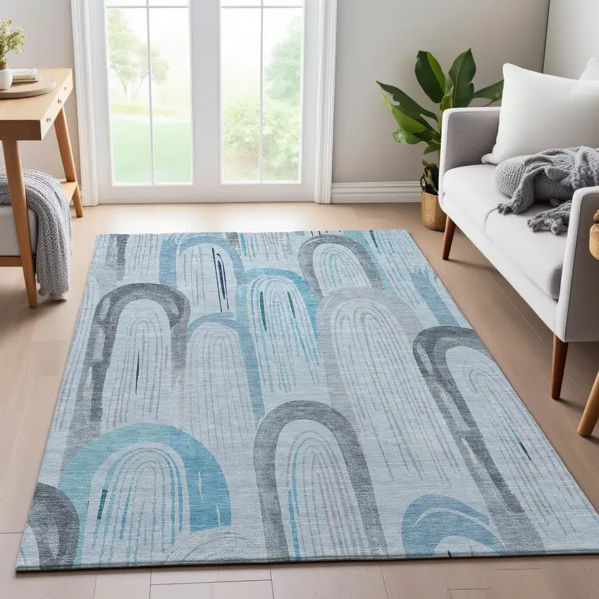 8' Sky Blue Gray And Silver Geometric Washable Area Rug With UV Protection Photo 5