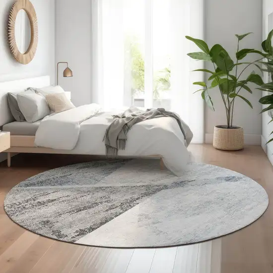 8' Sky Blue Gray And Silver Geometric Washable Round Rug With UV Protection Photo 5