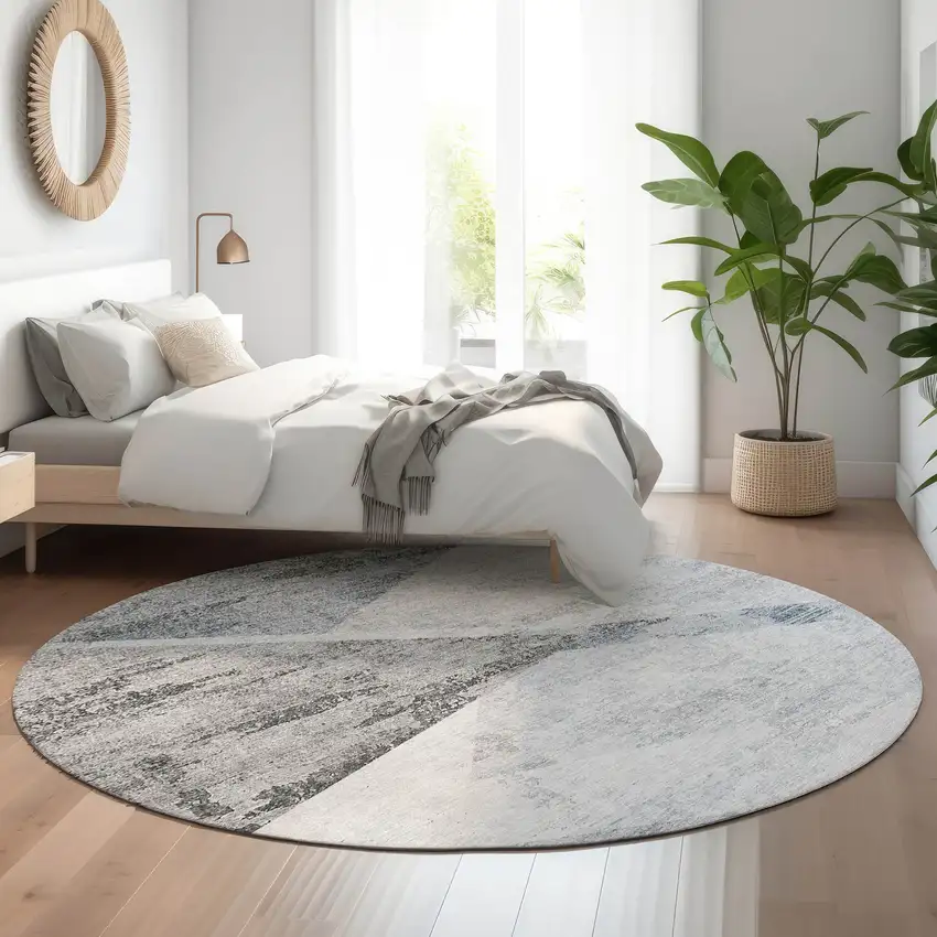 8' Sky Blue Gray And Silver Geometric Washable Round Rug With UV Protection Photo 5