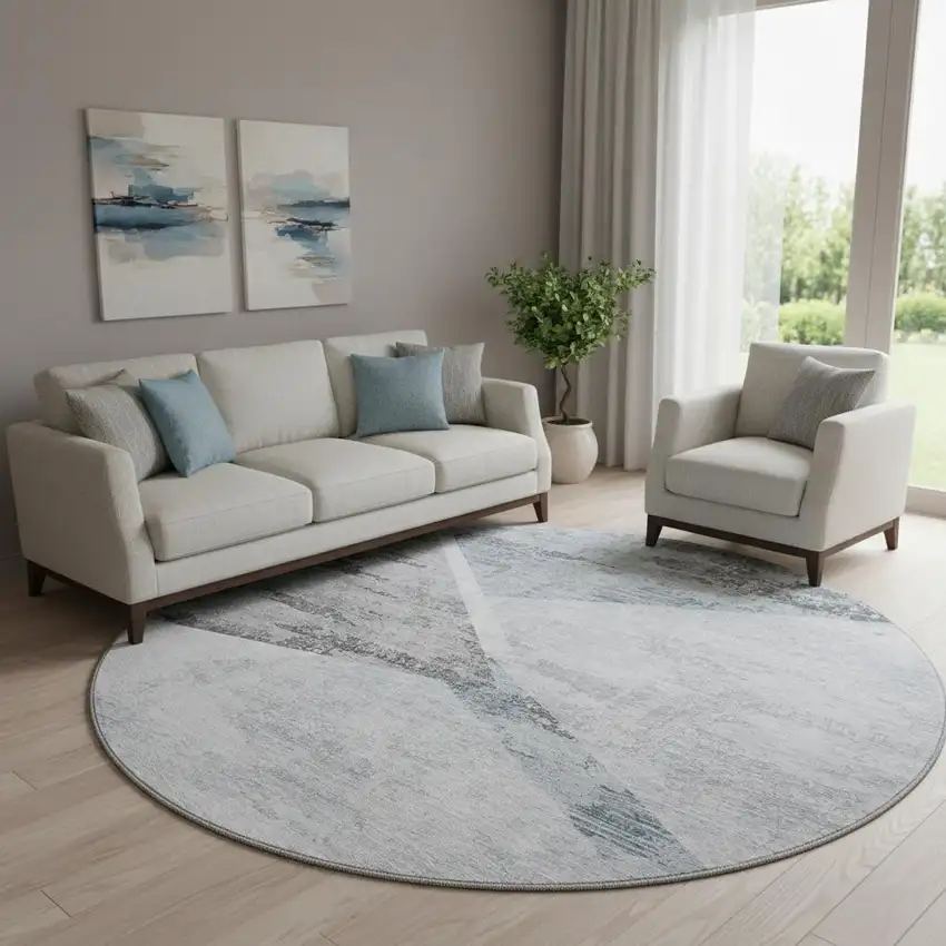 8' Sky Blue Gray And Silver Geometric Washable Round Rug With UV Protection Photo 1