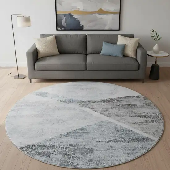 8' Sky Blue Gray And Silver Geometric Washable Round Rug With UV Protection Photo 2