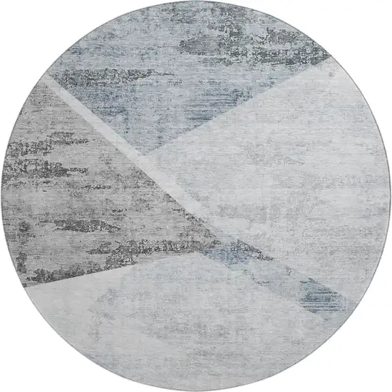 8' Sky Blue Gray And Silver Geometric Washable Round Rug With UV Protection Photo 1