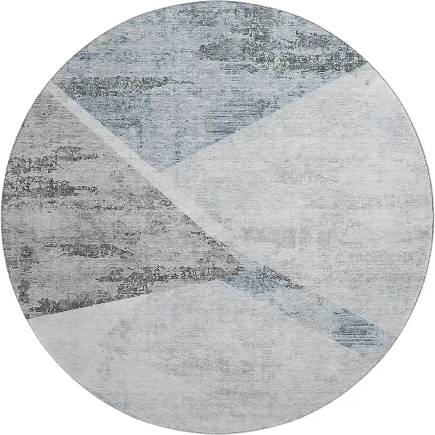 8' Sky Blue Gray And Silver Geometric Washable Round Rug With UV Protection Photo 1