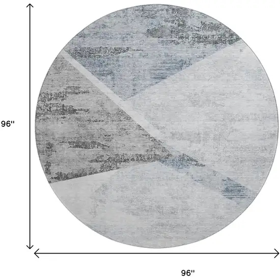 8' Sky Blue Gray And Silver Geometric Washable Round Rug With UV Protection Photo 3