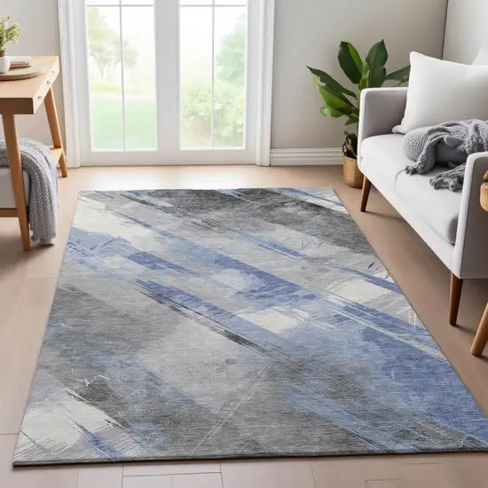 8' Sky Blue Gray And Silver Striped Washable Area Rug With UV Protection Photo 4