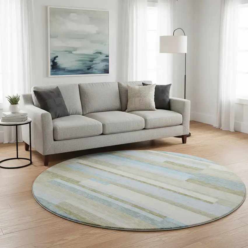 8' Sky Blue Gray And Taupe Striped Washable Round Rug With UV Protection Photo 2