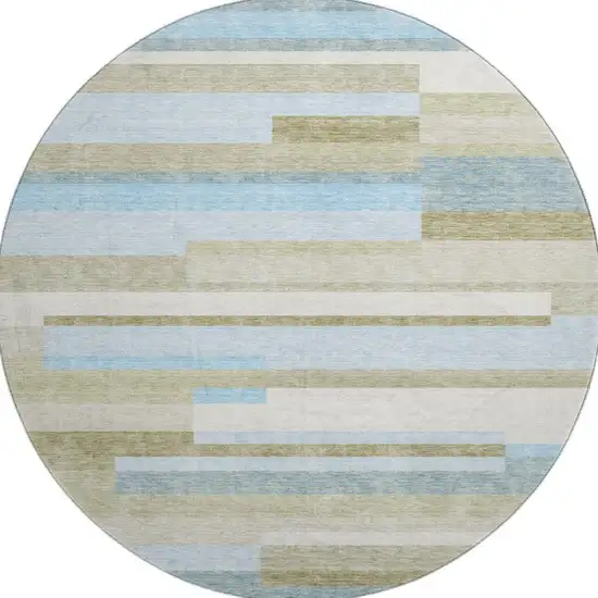 8' Sky Blue Gray And Taupe Striped Washable Round Rug With UV Protection Photo 4