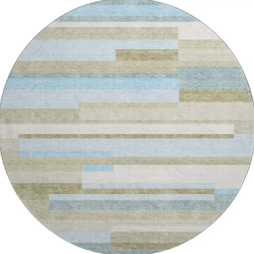 8' Sky Blue Gray And Taupe Striped Washable Round Rug With UV Protection Photo 4
