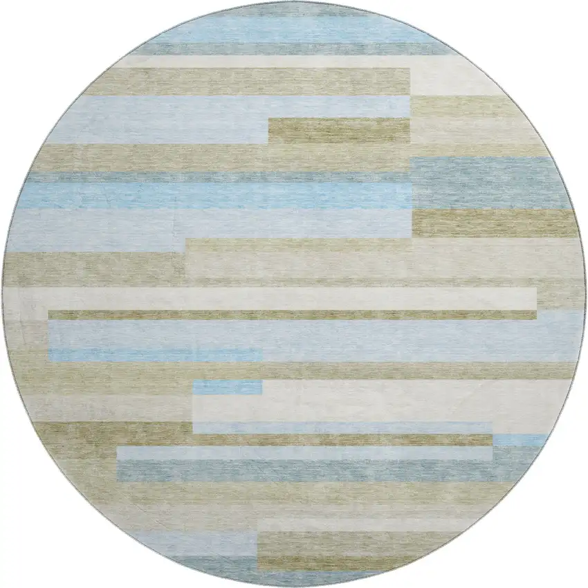 8' Sky Blue Gray And Taupe Striped Washable Round Rug With UV Protection Photo 1