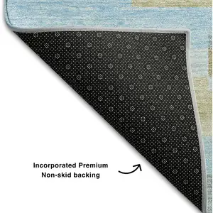 Photo of 8' Sky Blue Gray And Taupe Striped Washable Round Rug With UV Protection