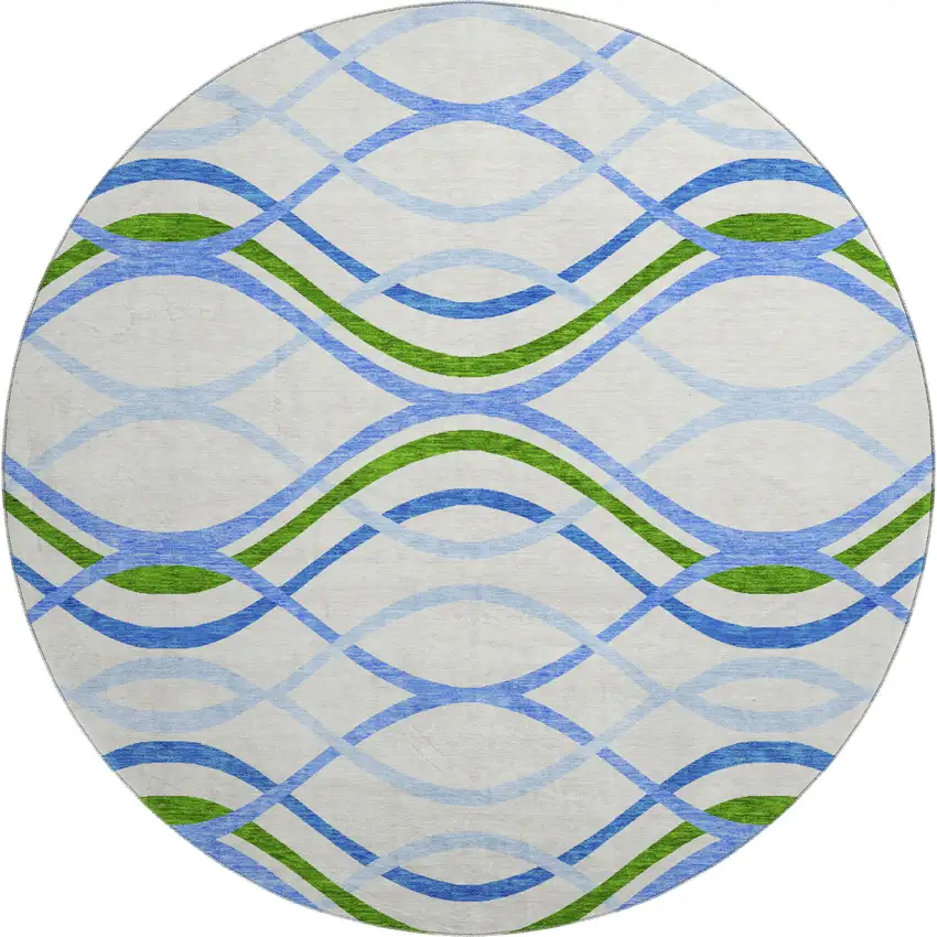 8' Sky Blue Green And Ivory Abstract Washable Round Rug With UV Protection Photo 1