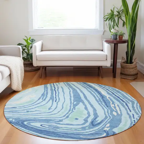 8' Sky Blue Green And Ivory Round Abstract Washable Indoor Outdoor Area Rug Photo 8