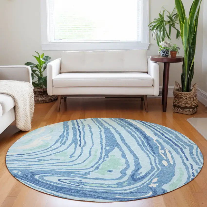 8' Sky Blue Green And Ivory Round Abstract Washable Indoor Outdoor Area Rug Photo 8