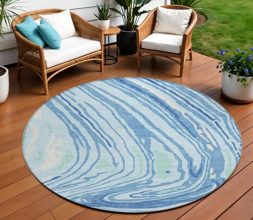 8' Sky Blue Green And Ivory Round Abstract Washable Indoor Outdoor Area Rug Photo 1