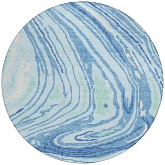8' Sky Blue Green And Ivory Round Abstract Washable Indoor Outdoor Area Rug Photo 6