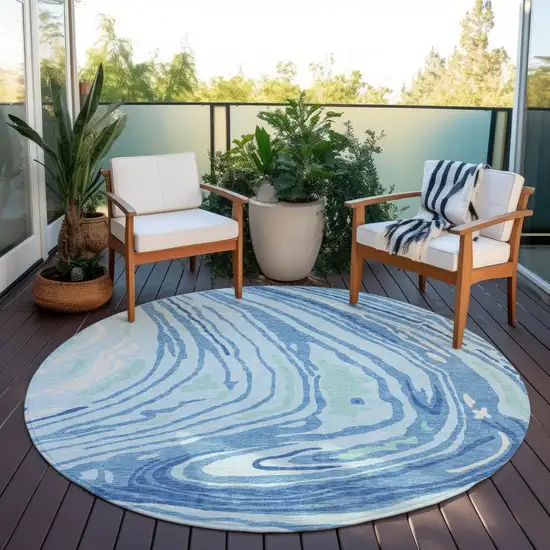 8' Sky Blue Green And Ivory Round Abstract Washable Indoor Outdoor Area Rug Photo 7