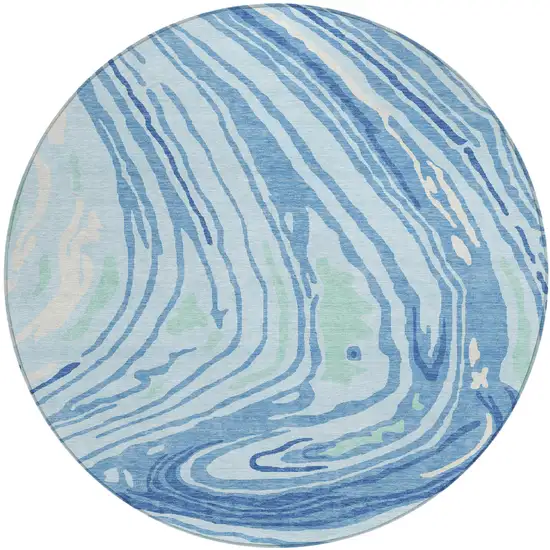 8' Sky Blue Green And Ivory Round Abstract Washable Indoor Outdoor Area Rug Photo 2