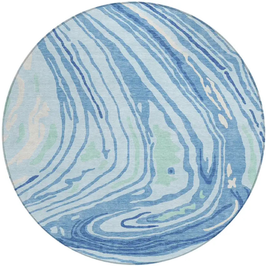 8' Sky Blue Green And Ivory Round Abstract Washable Indoor Outdoor Area Rug Photo 2