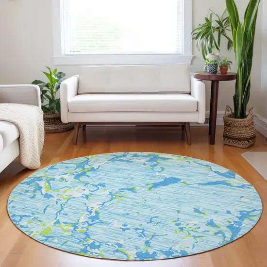 8' Sky Blue Green And Ivory Round Striped Washable Indoor Outdoor Area Rug Photo 9