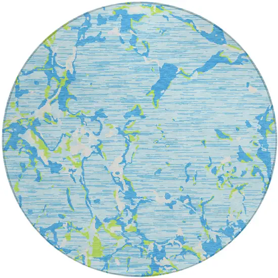 8' Sky Blue Green And Ivory Round Striped Washable Indoor Outdoor Area Rug Photo 2
