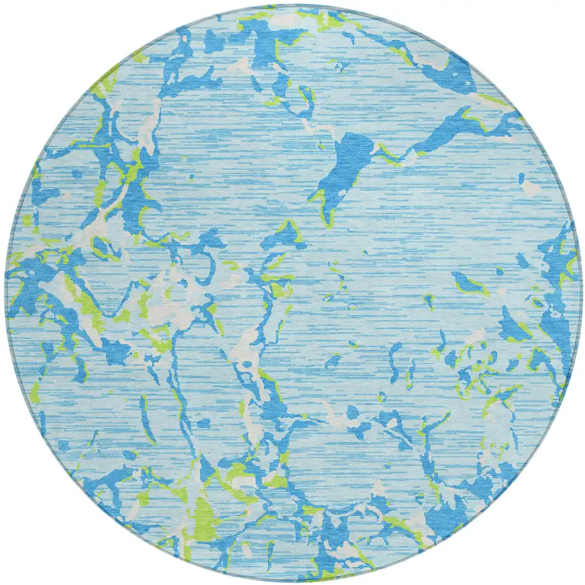8' Sky Blue Green And Ivory Round Striped Washable Indoor Outdoor Area Rug Photo 2