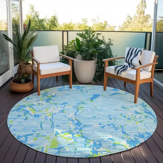 8' Sky Blue Green And Ivory Round Striped Washable Indoor Outdoor Area Rug Photo 8