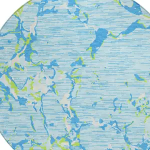 Photo of 8' Sky Blue Green And Ivory Round Striped Washable Indoor Outdoor Area Rug