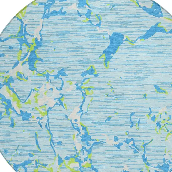 8' Sky Blue Green And Ivory Round Striped Washable Indoor Outdoor Area Rug Photo 6