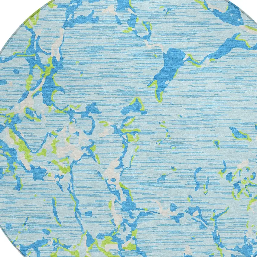 8' Sky Blue Green And Ivory Round Striped Washable Indoor Outdoor Area Rug Photo 6