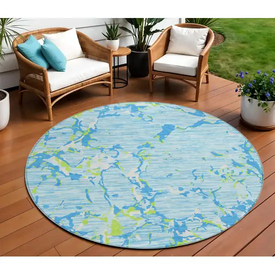 8' Sky Blue Green And Ivory Round Striped Washable Indoor Outdoor Area Rug Photo 1