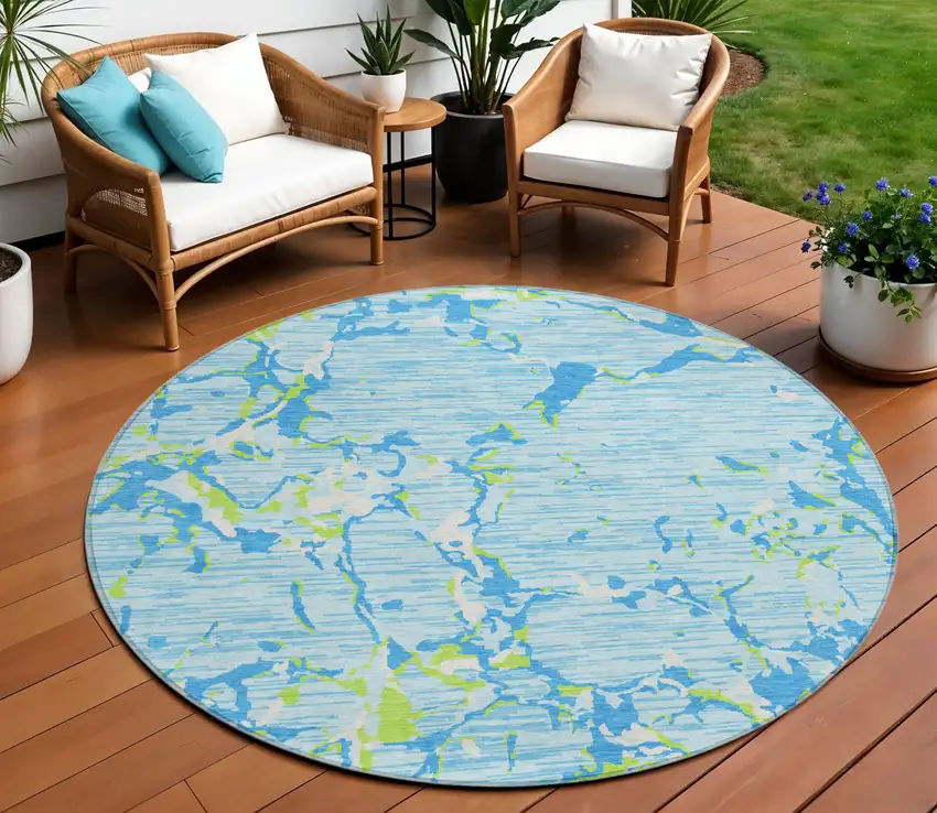 8' Sky Blue Green And Ivory Round Striped Washable Indoor Outdoor Area Rug Photo 1