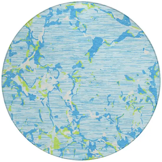 8' Sky Blue Green And Ivory Round Striped Washable Indoor Outdoor Area Rug Photo 7