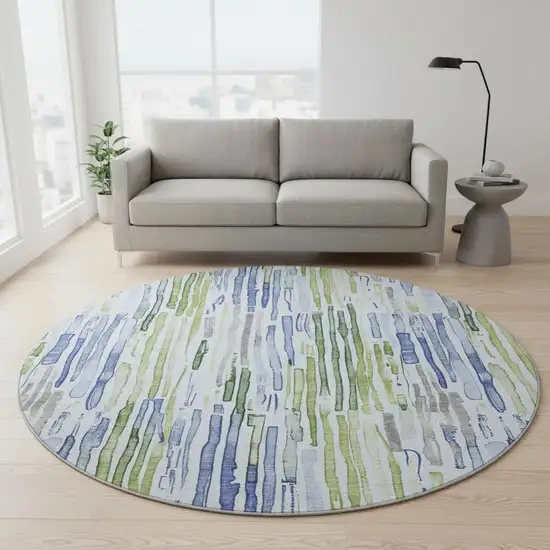 8' Sky Blue Green And Ivory Striped Washable Round Rug With UV Protection Photo 2